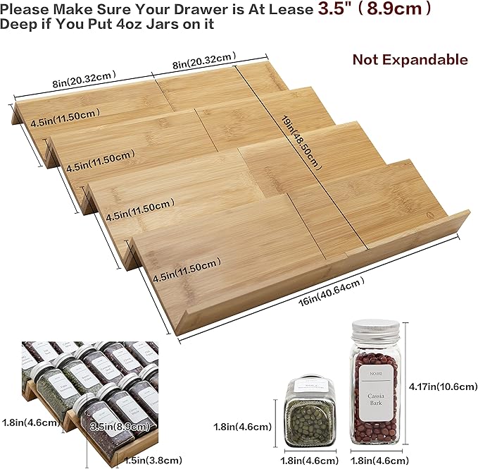 Bamboo Spice Rack Drawer Organizer - 8 Piece Set - 8" or 16" Wide