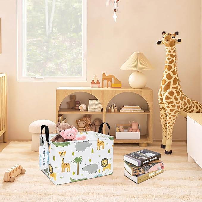 LANGYASHAN Rectangular Storage Bin Collapse Canvas Fabric Cartoon Storage Basket with Handles for Organizing Home Kitchen Boys and Girls Toys Office Closet Shelf Baskets (Rec animal)