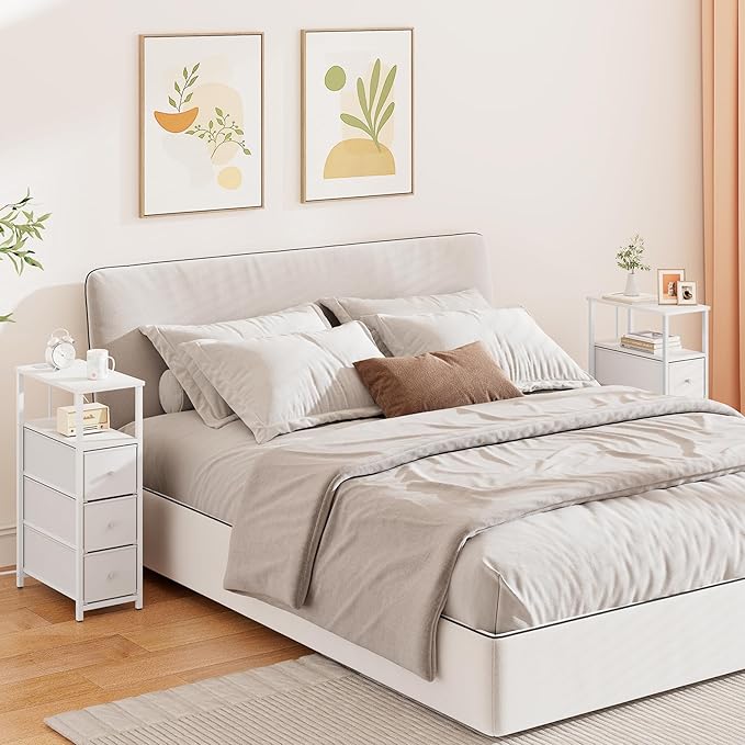 TUTOTAK Narrow Night Stand with Charging Station, Slim End Table with Plugins, Tall Side Table with 3 Fabric Drawer, Small Bedside Table with Storage, Living Room, Bedroom, White TB01BW086