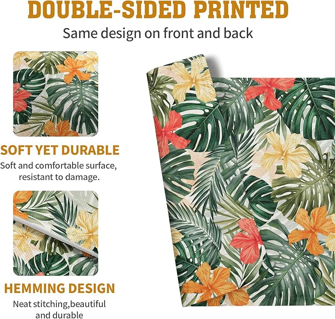 Tropical Palm Leaves Table Mats Set of 4 Summer Watercolor Hibiscus Flower Leaf Placement Mats for Dining Table Washable Non-Slip Heat Resistant Linen Place Mat 12×18 Inch
