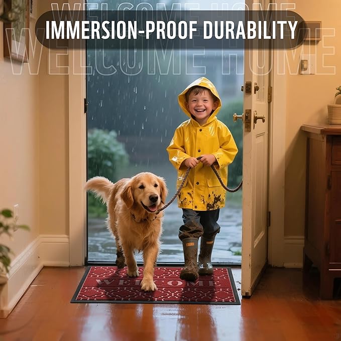 Yimobra Welcome Mat Outdoor Indoor, All-Season Waterproof Front Door Mat Outside Entrance, All-Weather Heavy Duty Non-Slip Doormat, Low Profile Porch Patio Entrance Mats, 47x24, Red