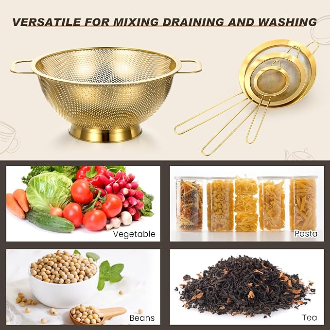Norme 3 Quart Stainless Steel Gold Colander Gold Fine Mesh Strainer, Stainless Steel Pasta Rice Food Metal Strainer with Handles, Easy Clean and Dishwasher Safe