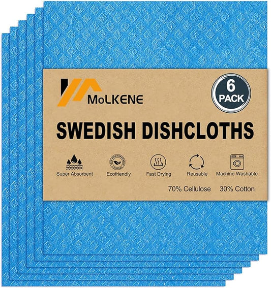 Swedish Dishcloths for Kitchen | 6 Pack Absorbent Cellulose Sponge Cloths Washable | Non-Scratch Reusable Paper Towels Quick Drying Cleaning Cloths - Blue