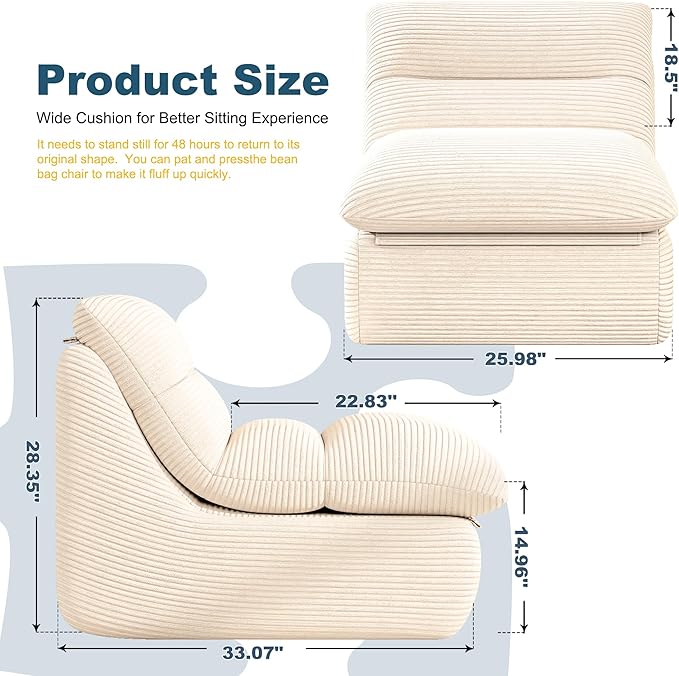 Misolant Bean Bag Chairs，Big Corduroy Fabric Sofa Bean Bag Chair for Adults and Teens with High-Resilience Sponge, Non-Slip Base Floor Lounge Sofa for Home, Living Room, Bedroom, Gaming Beige White