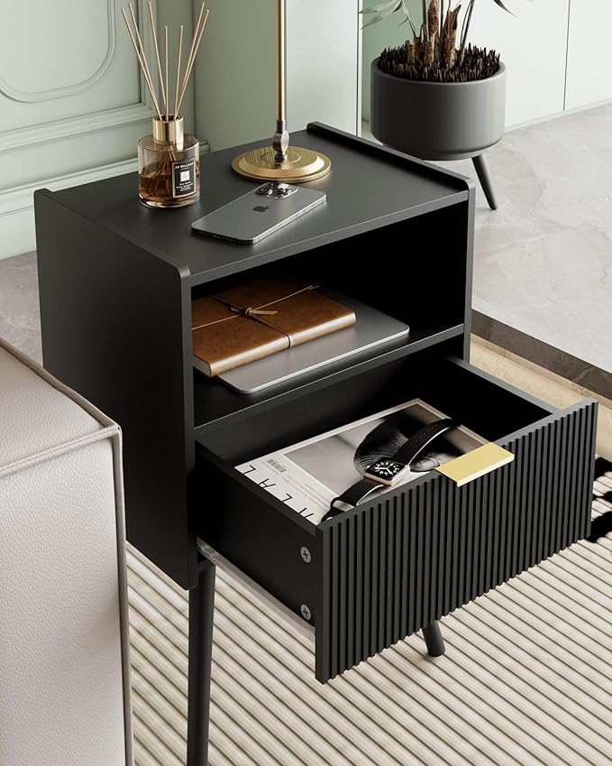 Nightstand,Modern Bedside Table with Storage Drawer and Open Wood Shelf, Accent Night Stand with Solid Wood Legs for Living Room, Bedroom and Small Spaces,Easy Assembly (Black)