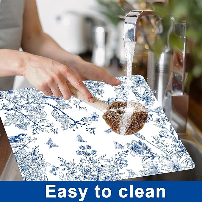 Blue Floral Placemats Set of 6 Flower Bird Plastic Table Mats Seasonal Spring Placemats Chinoiserie Place Mats Rustic Vintage Table Decoration for Indoor Outdoor Party Kitchen Dining