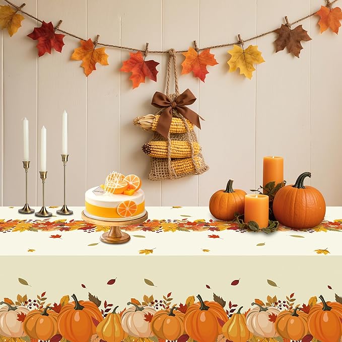 ATFUNSHOP Fall Plastic Tablecloth 4 Packs Thanksgiving Disposable Table Cloth 54x108 Rectangle Table Cover with Pumpkin & Maple Leaf for Holiday Dinner Party Decorations Outdoor Picnic & Baby Showers