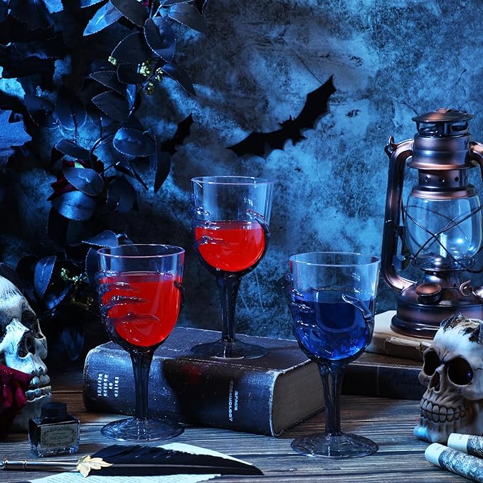 Dandat 24 Pcs Halloween Skeleton Hand Goblets 12oz Clear Plastic Halloween Cups Skull Wine Glass Set for Creepy Spooky Party Decorations (Black)