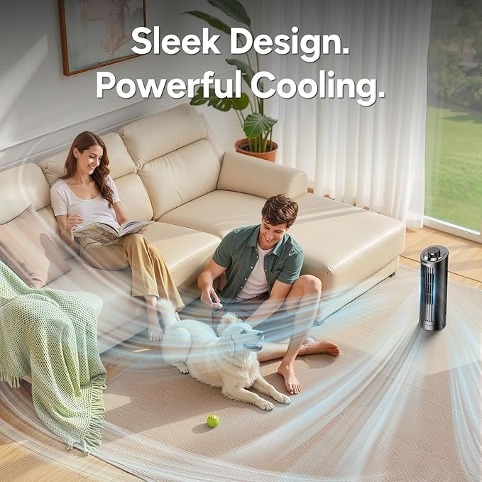 Tower Fan Bladeless with 3 Speeds, 4 Mode [AI, Normal, Natural, Sleep], Table Fan 80° Oscillation, Touch Screen + Remote Control, 12H Timer, 13" Desk Fan for Bedroom Home Office Desktop-Black