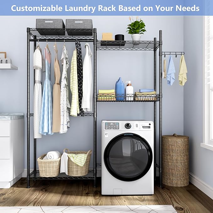 Over Washer and Dryer Shelves,Laundry Room Storage Organization Clothes Drying Rack,4 Tier Adjustable Height Wire Shelving with Wire Basket,Hanger Rod&Hook,Space Saving Shelf