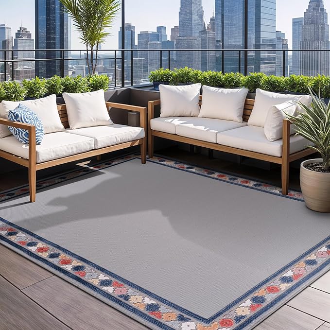 Beverly Rug Outdoor Rug 5x7 Modern Bordered Area Rugs for Indoor and Outdoor Patio Easy to Clean Non Shedding Living Room Porch Garden Washable Outside Carpet (5 x 7 Gray)
