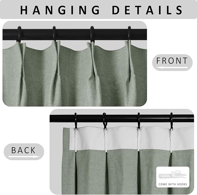 Macochico Pinch Pleated Full Blackout Curtains for Bedroom Living Room Fog Green Linen Curtains Thermal Insulated and Noise Reducing Window Panels with Tieback Shabby Chic Decor 84”Wx84”L 1 Panel
