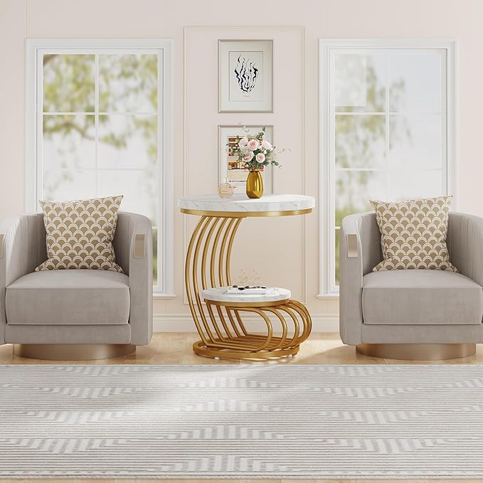 Tribesigns Gold Round End Table: 2 Tiers Side Table Set of 2 with Storage Shelf, Modern White Gold Bedside Nightstand, Metal Faux Marble Accent Table for Living Room