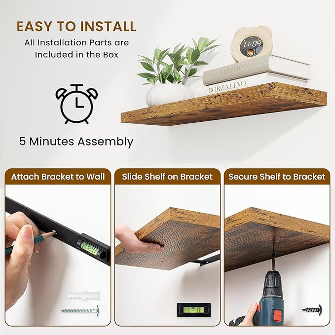 Fun Memories 24 Inch Floating Shelves for Wall, 9 Inch Deep Brown Rustic Wood Wall Mounted Shelves for Bathroom, Kitchen, Living Room, Set of 2