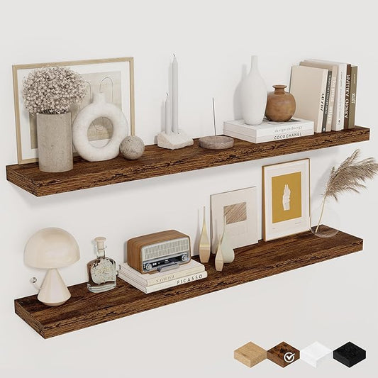 Floating Shelves for Wall, 40 Inch Floating Shelves for Home Decor, Wall Mounted Rustic Wood Shelves, Bathroom, Hanging Deep Shelf for Bedroom, Living Room, Kitchen (Rustic Brown, Set of 2)
