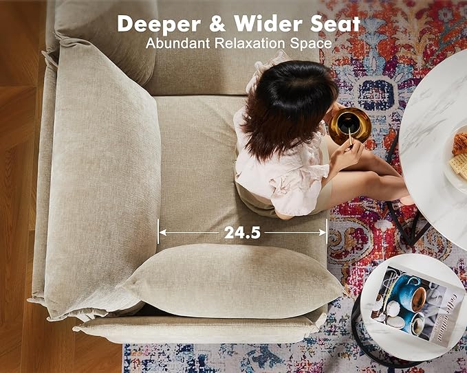 Oversized Loveseat Sofa, Modern Modular Sectional Couch Beige Fluffy Chenille Mid Century 2-Seat 24.5" Deep Seat for Apartment, Living Room, Bedroom