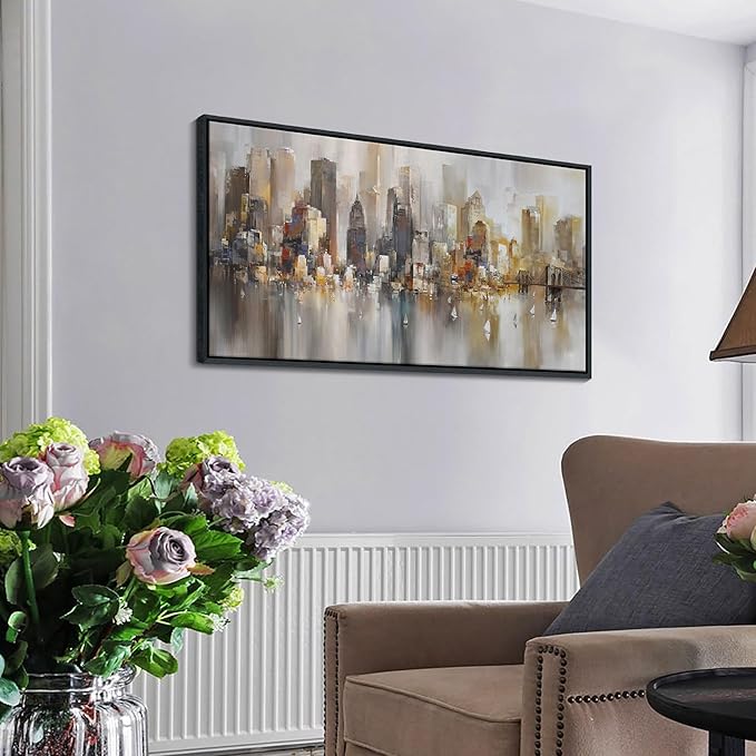 New York City Wall Art -Framed Modern Abstract Wall Art for Living Room, Office & Bedroom Cityscape & Paintings for Bedroom brooklyn bridge Pictures Wall Decor Chicago Artwork for Walls 20×40IN