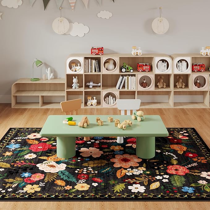 Area Rugs 9x12 Living Room Clearance Washable Boho Rug Non Slip Floral Vintage Low Pile Large Rug for Living Room, Bedroom, Farmhouse, Dining Room, Kids Playroom(Black)