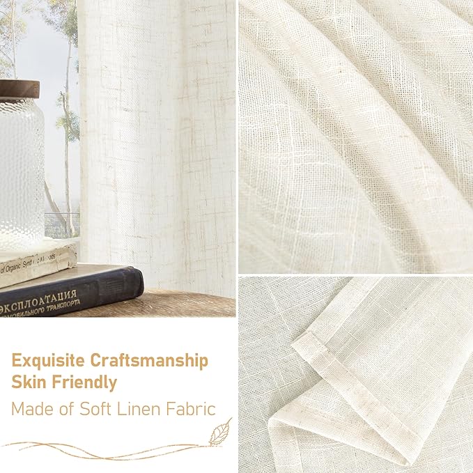 LAMIT 54 Inch Length Linen Curtains for Bedroom, Light Filtering Window Curtains Farmhouse Boho Bronze Grommet Panels for Living Room, Cream, 2 Panels Set, 52 x 54 Inch