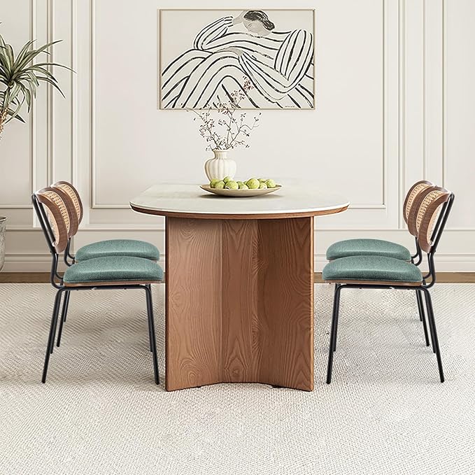 Rattan Dining Chairs Set of 4, Mid Century Modern Dining Chairs with Cane Back for Kitchen Dining Room, 19 Inch Fabric Green