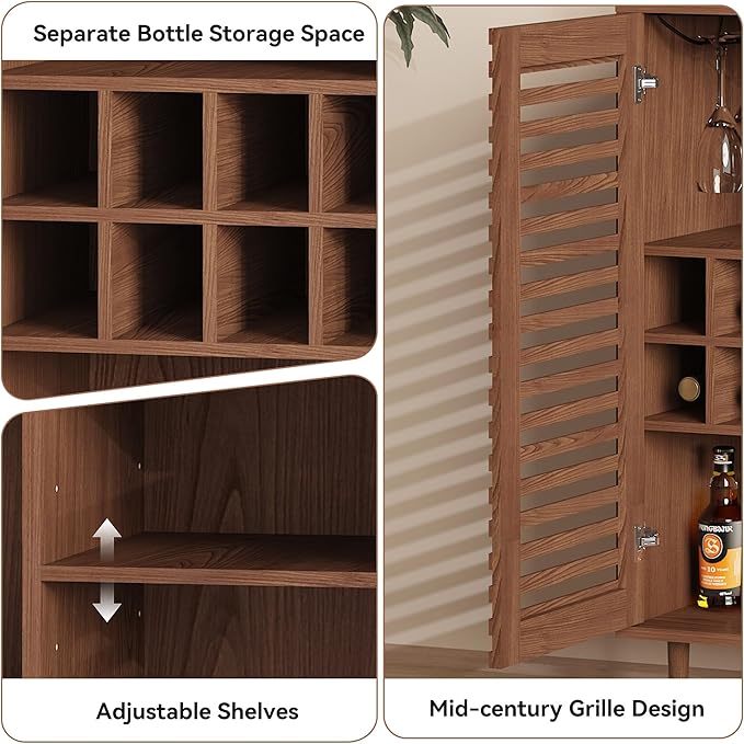 Mid Century Bar Cabinet with Wine Racks, Modern Liquor Cabinet with Slatted Doors for Dining Room, Living Room (Walnut Color)