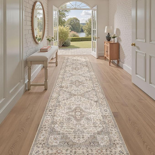 Washable 2.6x12 Runner Rug - Area Rugs Neutral Vintage Distressed Floral Farmhouse Boho Large Soft Floor Rug Indoor Carpet for Hallway Entryway Kitchen Home - Brown/Multi