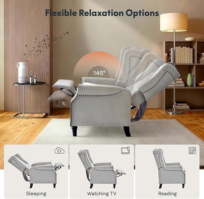 Softa Recliner Chair for Adults, Mid Century Wingback Pushback Accent Chair with Rivet Decoration, Tufted Upholstered Single Sofa Armchair for Living Room, Bedroom, Study (Fabric, Cream)