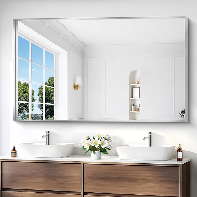 Silver Bathroom Mirror, 36x60 Inch Rectangular Deep Frame Mirror, Large Wall Mounted Bathroom Vanity Mirror Over Sink for Bedroom,Restroom, Living Room, Hangs Vertically or Horizontally