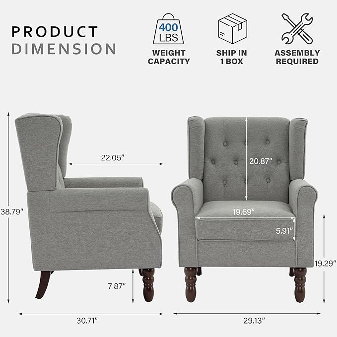 Lumibee High Back Accent Chair Set of 2,Upholstered Wingback Armchair with Solid Wood Legs for Small Spaces,Comfy Single Sofa Chair for Living Room,Bedroom,Office-Light Gray
