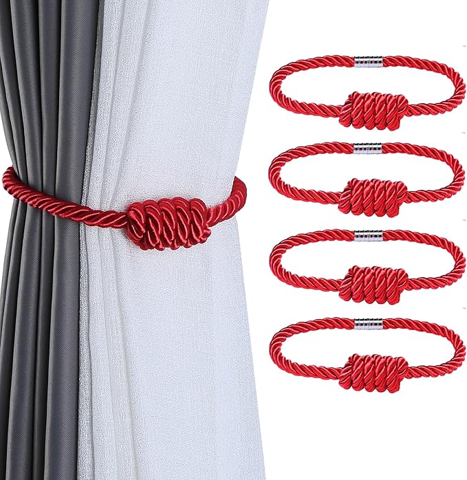 Fenghuangwu 4Pack Magnetic Curtain Tiebacks – Bohemian Style Handmade Woven Tie-Backs for Drapes,Elegant Exquisite Knot Holdbacks,Outdoor Boho & Modern Home Decor -Red