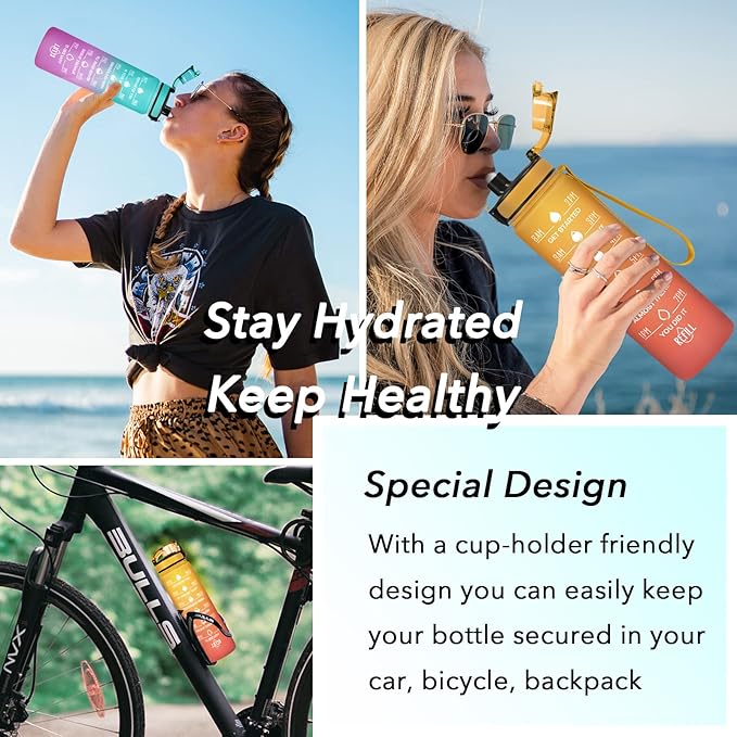 Enerbone Water Bottle, Leakproof BPA & Toxic Free, Motivational Water Bottle with Times to Drink and Straw, Fitness Sports Water Bottle with Strap for Office, Gym, Outdoor Sports