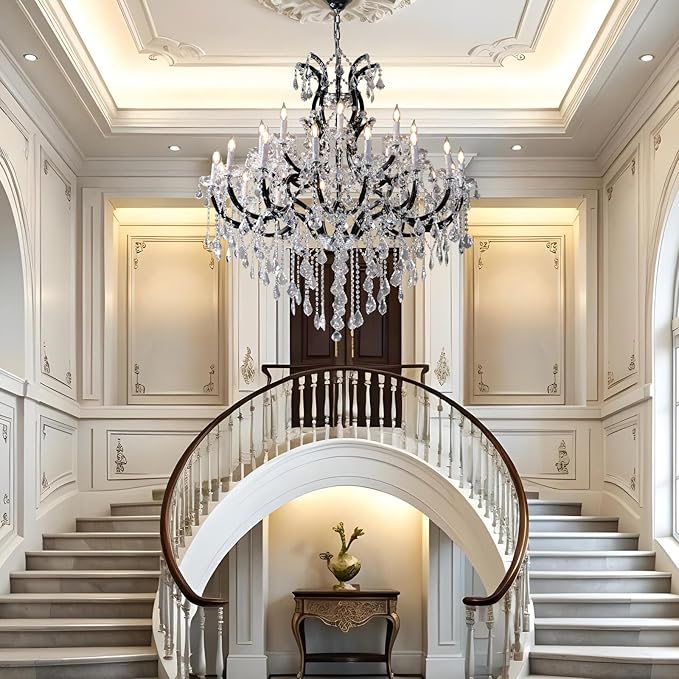 Large Black Crystal Chandelier Light Fixtures, 24 Lights Modern Crystal Chandeliers for Hotel, Lobby, Foyer, Entryway Hall, Staircase High Ceiling 50'' Chandelier 2 Layers