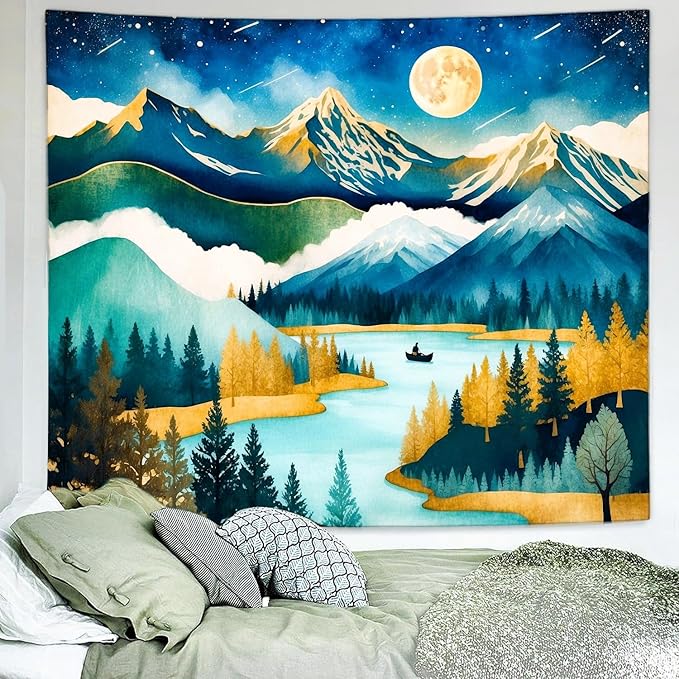Delur Mountain Tapestry Boho Moon Stars Starry Night Tapestry Wall Hanging Forest Tree Nature Landscape Psychedelic Headboard for Bedroom Living Room Home Decor (51.2" x 59.1")