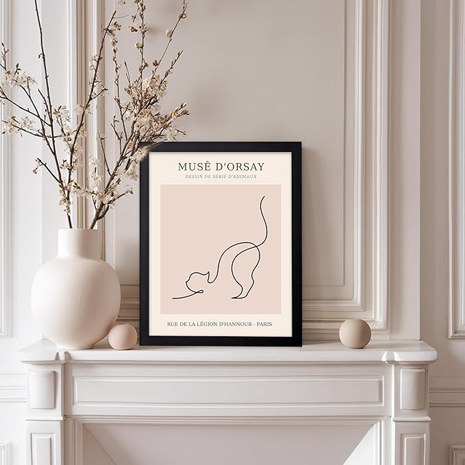 Poster Master Vintage Poster - Retro One Line Cat Drawing Print - Cat Art - Minimal Gift for Men, Women, Animal Lover - Abstract Wall Decor for Home, Office, Bedroom, 11x14 Black Framed