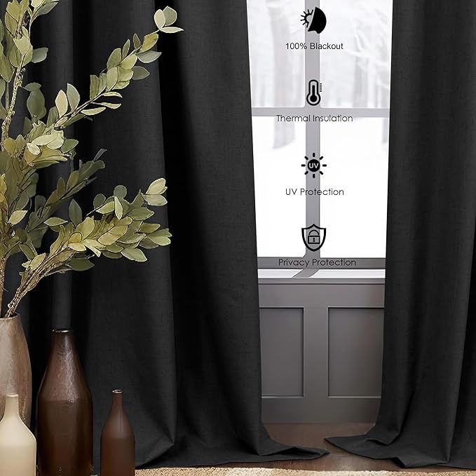 Black Linen Blackout Curtains 120 Inches Long 2 Panels Burg for Living Room Back Tab Pleated Thermal Cold Heat Sun Blocking Extra Long Drapes Black Out Blinds Shades for Bedroom Windows 52x120 Length