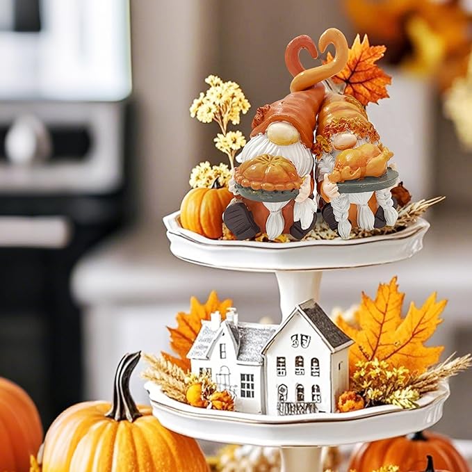 Fall Gnome Decor, Resin Thanksgiving Gnomes for Fall Decoration Indoor Home, Small Autumn Gnome Figurines with Pumpkin Pie and Turkey for Autumn Harvest