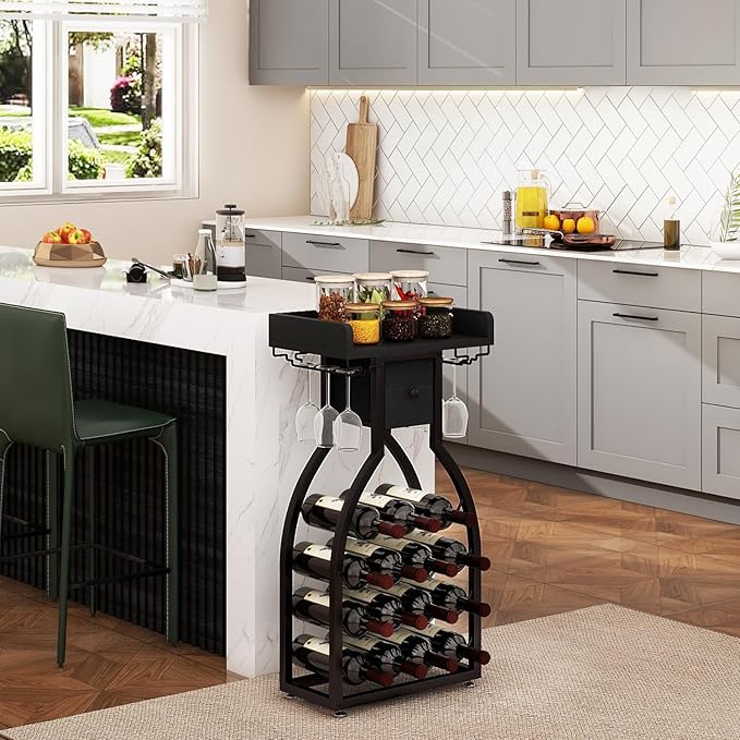 IBUYKE Wine Rack Freestanding Floor,Wine Storage 15 Bottles Bottle Rack with Glass Holders, Mini Bar Wine Cabinet with Storage Drawer for Home Bar Kitchen Dining Room,Black,UTMJ908B