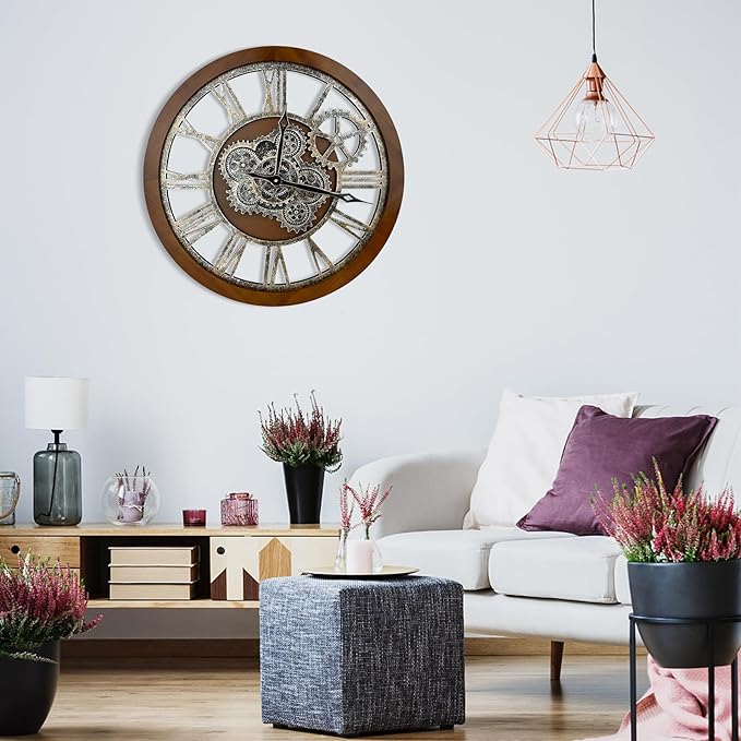 HOIBAI Clocks for Living Room Decor, Large Wall Clock 24 in (60cm) Clocks Wall Decor, Moving Gear Wall Clock, Farmhouse Vintage Industrial Oversized