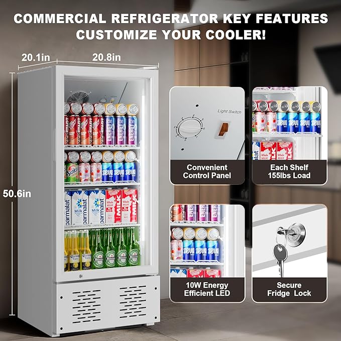 6.5 CUFT Commercial Beverage Refrigerator Glass Door Display Cooler Drink Beer Milk Fridge for Bar Restaurant Office