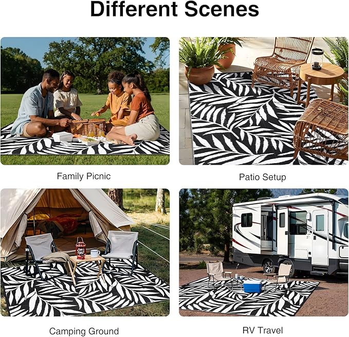 OLANLY Waterproof Outdoor Rug 6x9 ft, Reversible Outdoor Plastic Straw Rug with Leaf Pattern, RV Mat, Indoor Outdoor Carpet for Patio, Camping, Balcony, Deck, Backyard, Black & White