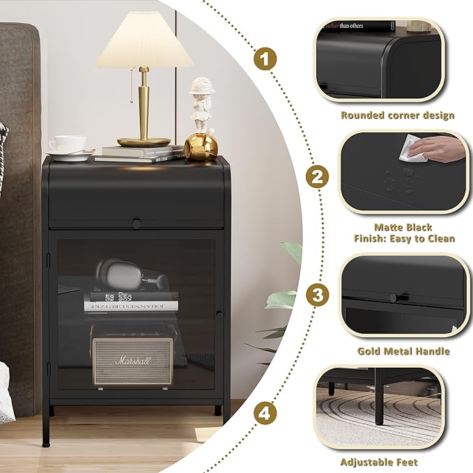 Modern Metal Side Tables Set of 2, End Tables with Glass Door, 2-Tier Nightstands with Storage Shelves, Accent Table, Slim Sofa Table for Living Room, Bedroom (Black)