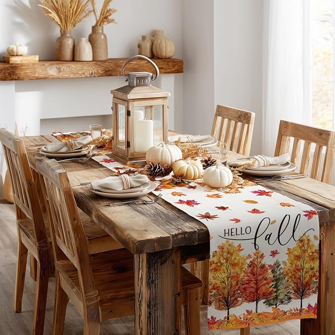 GEEORY Fall Watercolor Trees & Maple Leaves Table Runner 13x72 Inch, Rustic Farmhouse Autumn Thanksgiving Decor for Kitchen, Dining, Indoor/Outdoor Holiday Dinner Party Orange Red GT160-72