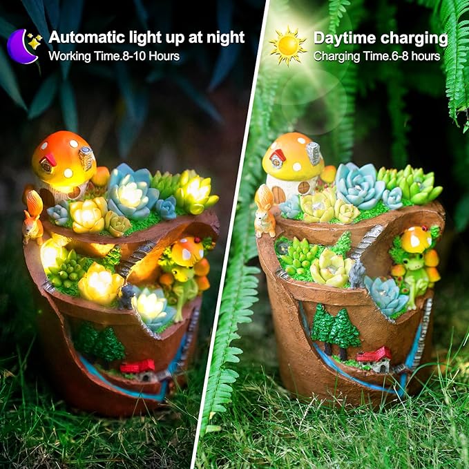 Garden Solar Figurine Light - Flowerpot Succulent Solar Light Outdoor, Solar Powered Lighting Outside Decorations Yard Art Lawn Ornaments for Porch Patio Balcony - Succulent Gifts for Women Mom
