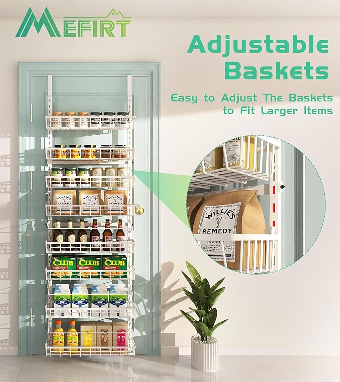 Over The Door Pantry Organizer, Wall Mount Spice Rack, Pantry Hanging Storage and Organization, 8 Adjustable Baskets Heavy-Duty Metal for Home & Kitchen, Back of Door Seasoning Rack - White