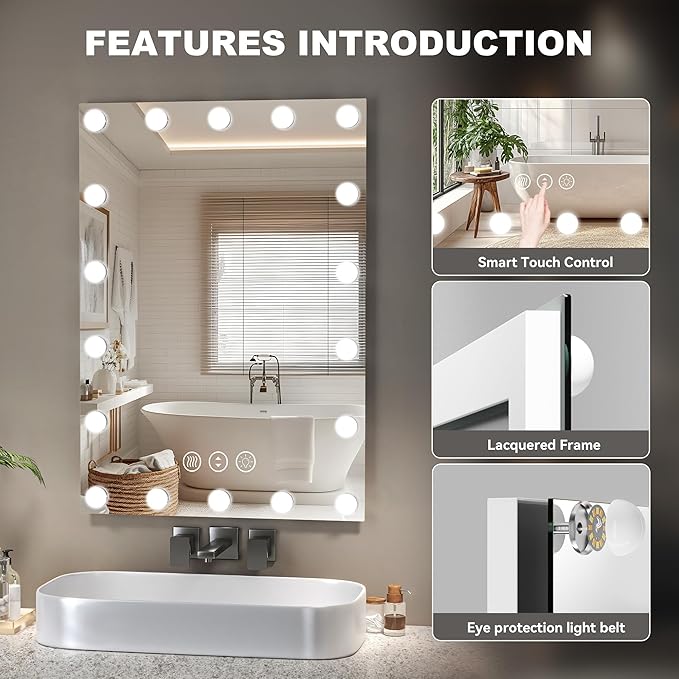 Hasipu LED Bathroom Mirror with Lights, 40" x 24" Hollywood Wall-Mounted Bathroom Mirror with 16 Dimmable Bulbs, 3 Colors Modes, Touch Control, Anti-Fog, Memory Function, Shatter-Proof, ETL Listed