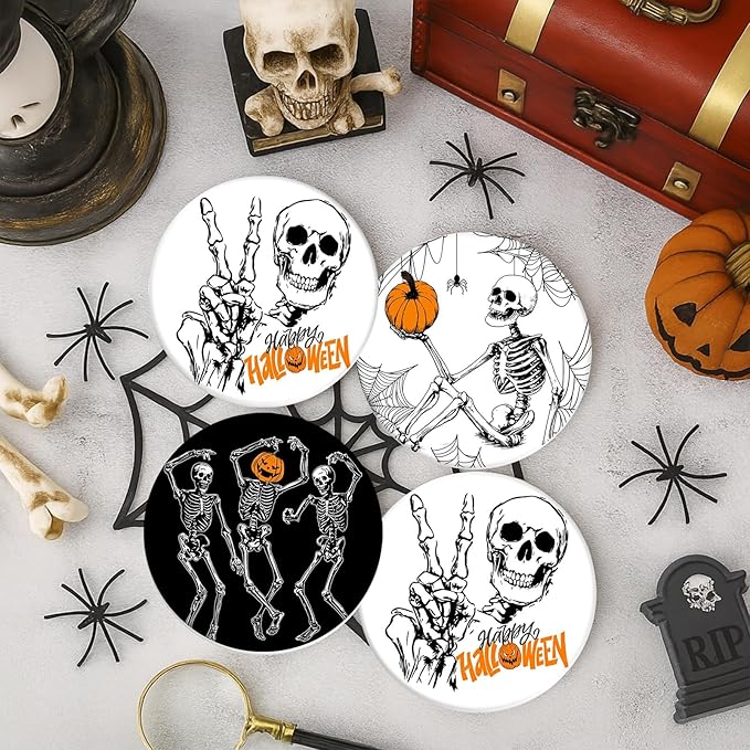 Coaster for Drinks Set of 6, Happy Fall Absorbent Round Ceramic Stone Mat, with Cork Base and Metal Holder