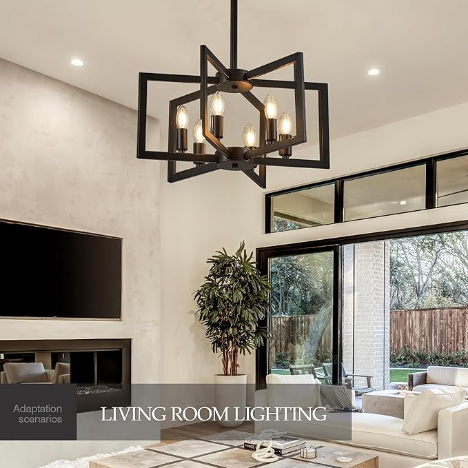 Modern Farmhouse Black Chandeliers for Dining Room, 6-Light Industrial Metal Chandeliers Geometric Pendant Lights Kitchen Island for Entryway Stairway Foyer Hallway