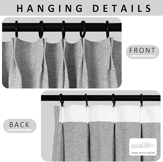 Macochico 100% Blackout Light Grey Linen Curtains 84 Inches Long Pinch Pleated Burlap Curtains for Bedroom Living Room Farmhouse Nursery Thermal Window Panels with Tieback 72”Wx84”L 1 Panel