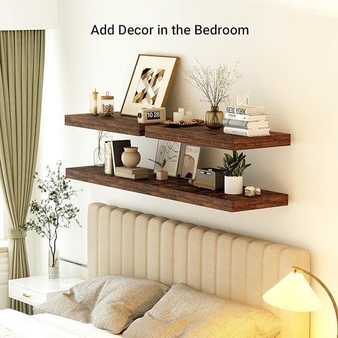 Heimlove 12" Deep Floating Shelves, 36 x 12 Inch Wall Mounted Long Floating Shelf with Invisible Brackets, for Home Decor, Bedroom, Kitchen, Living Room, Bathroom - 1 Pack, Rustic Brown