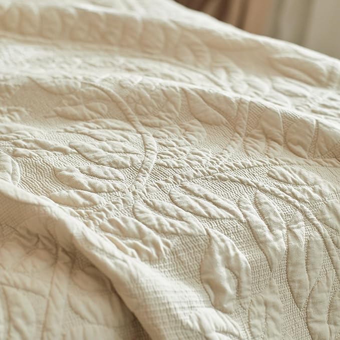 MarCielo 3-Piece 100% Cotton Oversized Bedspread Lightweight Quilt Coverlet Embroidery Farmhouse Bedding Set T0 (Yellowish Beige, Oversized King (118"x106"))